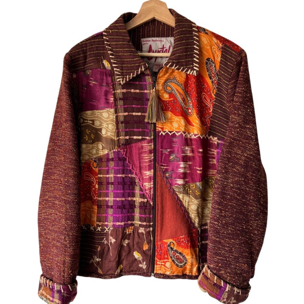 Vintage 90s Sharon Anthony Created By Crystal Patchwork Zip Up Jacket Lined